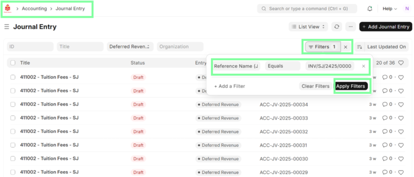 Journal Entry Filter